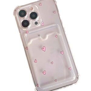 iPhone 13 Pro phone case clear card holder pink hearts NEW